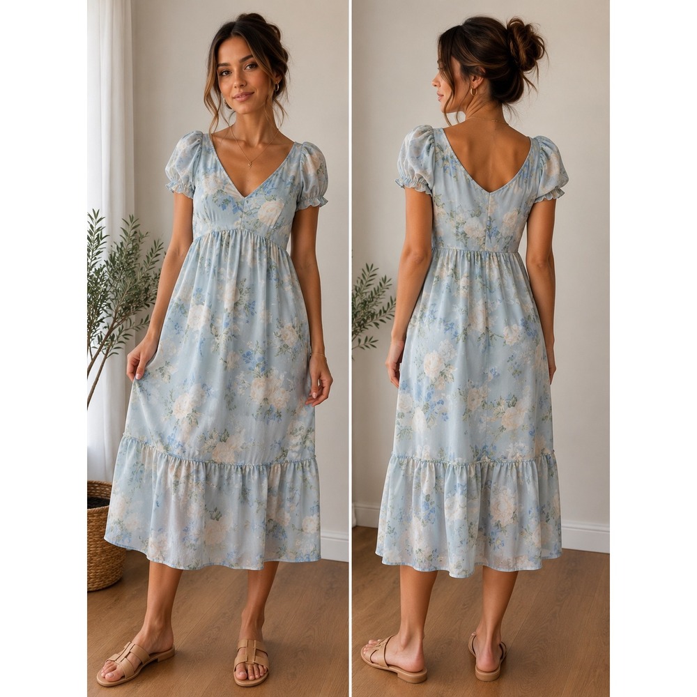 LoveShackFancy Target Blue Floral Puff Sleeve Tiered Midi Dress Womens 14 Rose